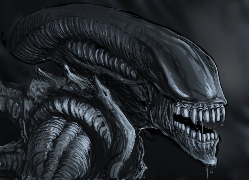 Alien Creature Head — Black, Dark, Menacing, Digital Art, Jaws