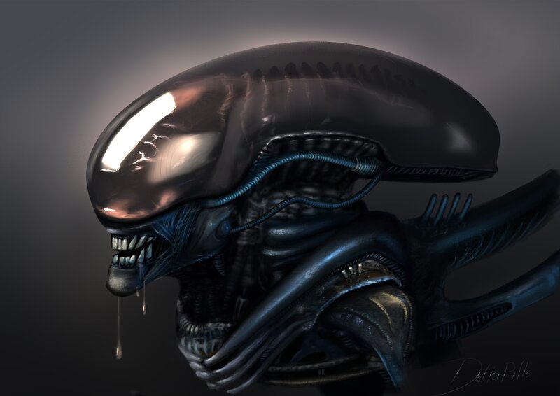 Alien Creature Head — Black, Dark, Menacing, Digital Art, Teeth, Drool