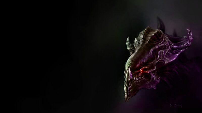 Alien Creature Head — Black, Dramatic, Digital Art, Red Eyes