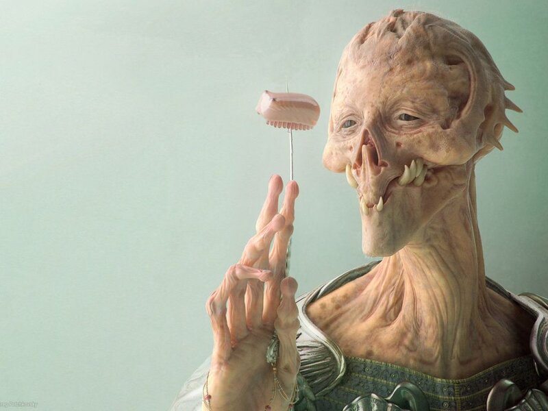 Alien Creature Holding Food — Green