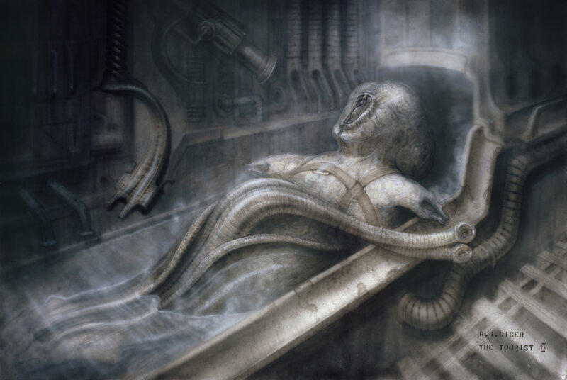 Alien creature in a mechanical chamber