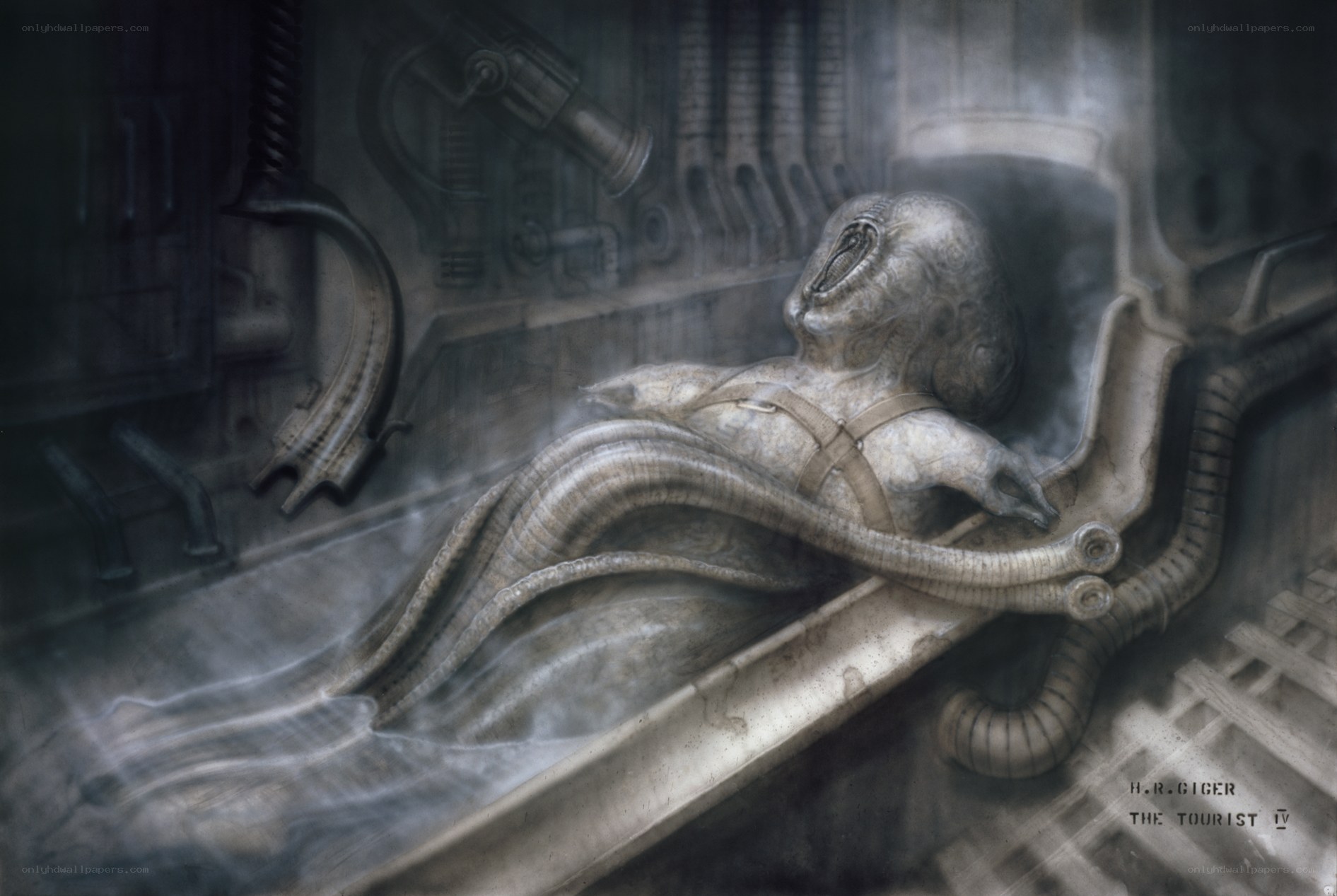 Alien creature in a mechanical chamber
