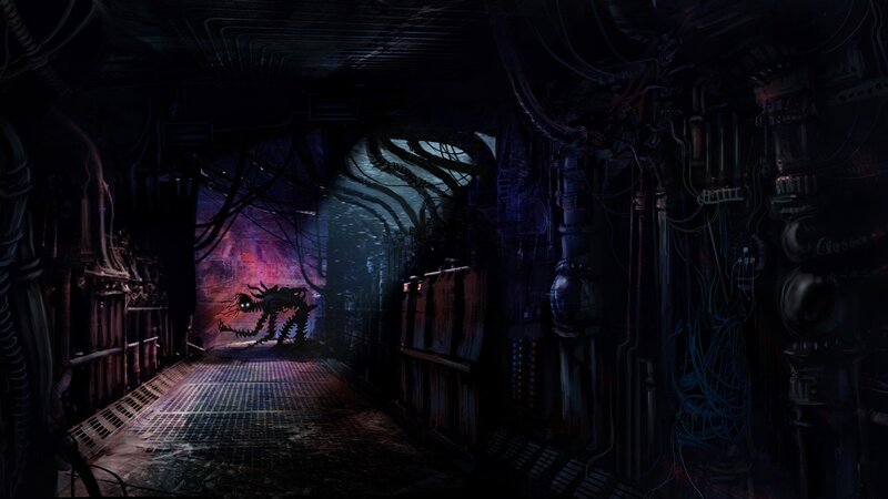 Alien Creature in Corridor — Black, Dark, Ominous, Night