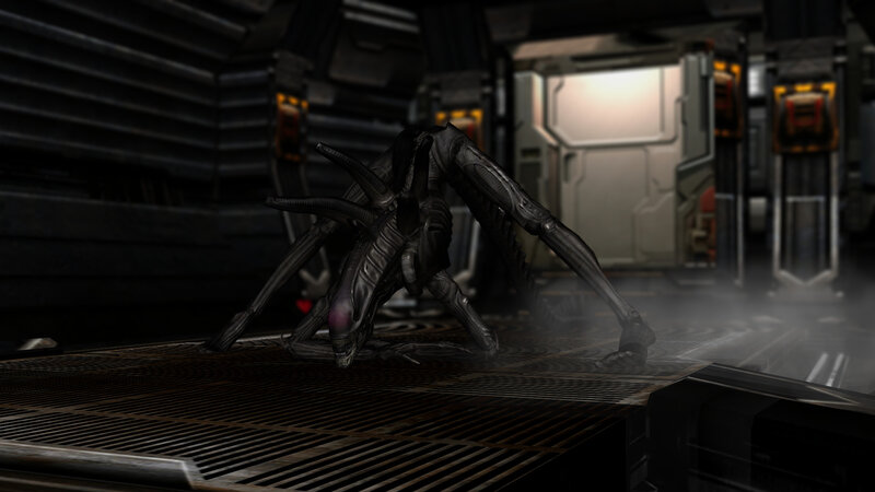 Alien Creature in Corridor — Black, Dark, Tense, 3d Render