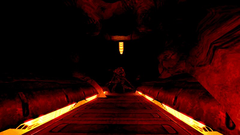 Alien Creature in Corridor — Red, Dark, Ominous