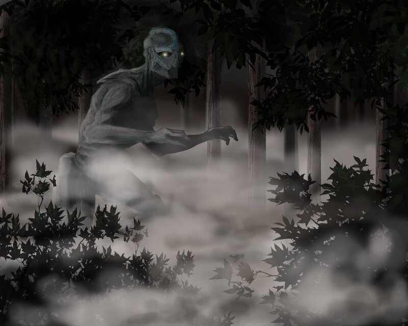 alien creature in misty forest