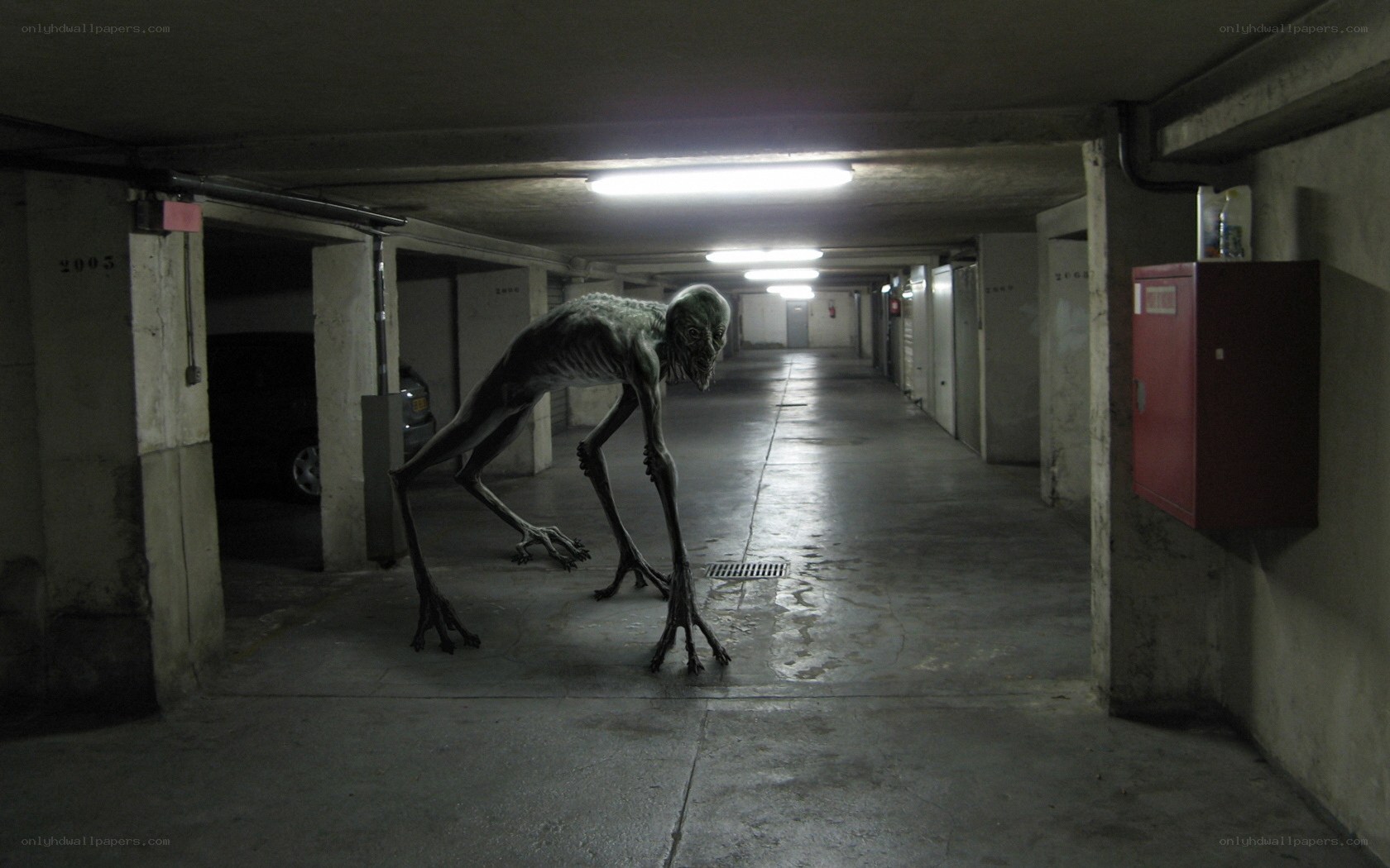 alien creature in parking garage
