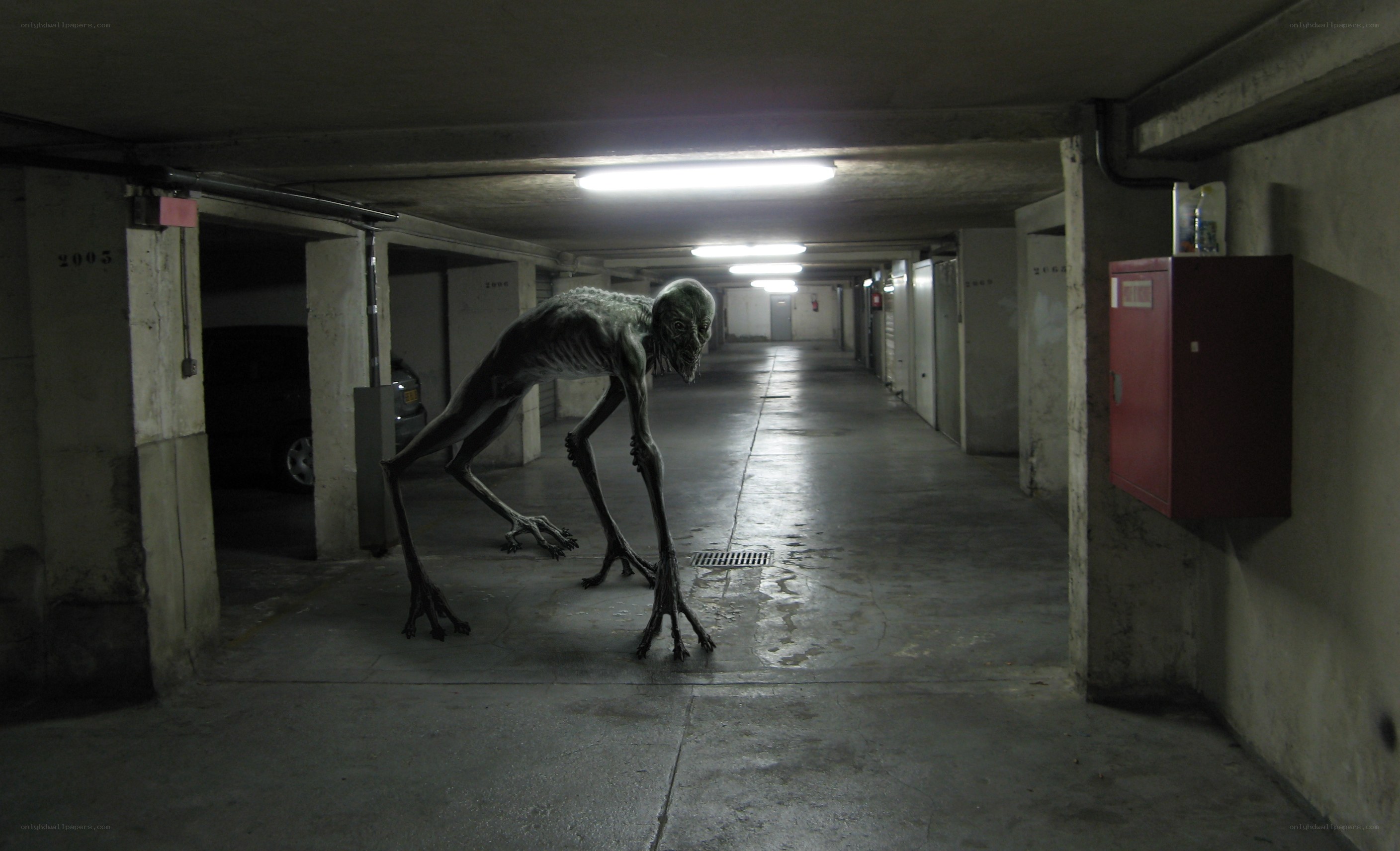 Alien creature in parking garage