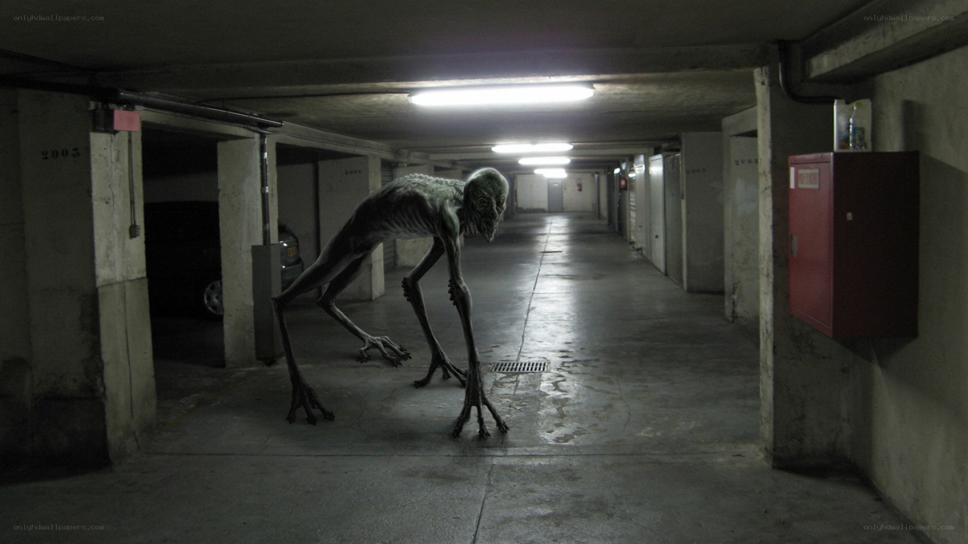 Alien creature in parking garage