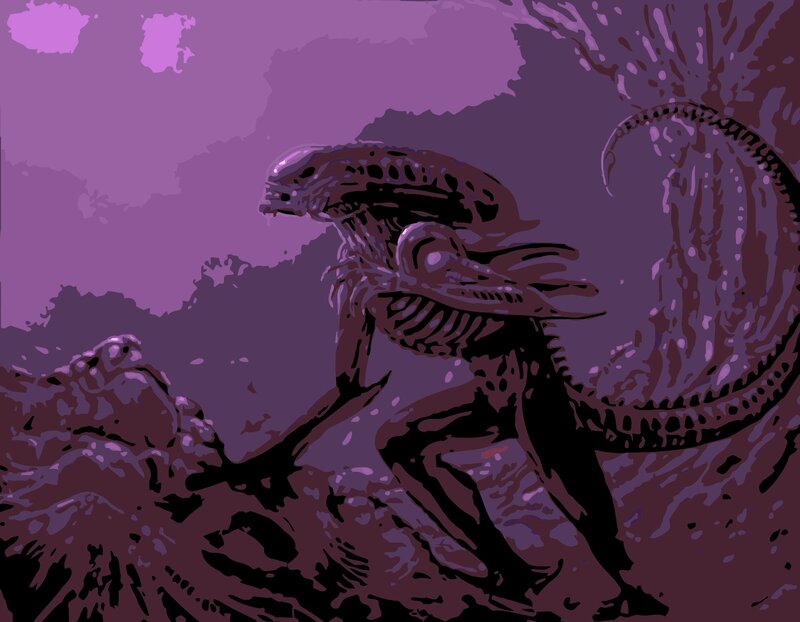Alien creature in purple landscape