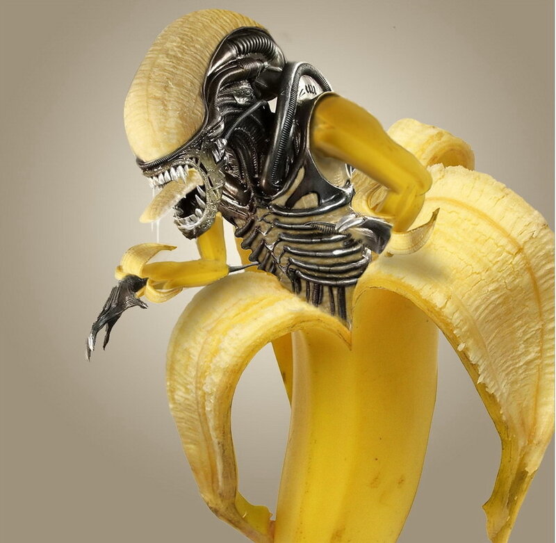 Alien creature inside banana peel