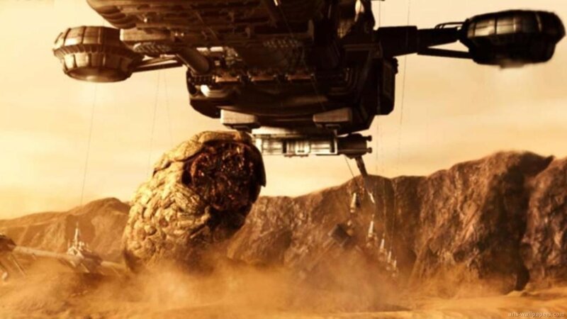Alien creature lifted by spacecraft