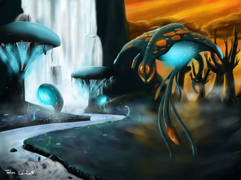 Alien creature near waterfall