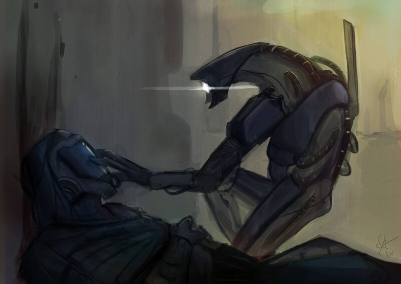 Alien creature tending to a fallen soldier