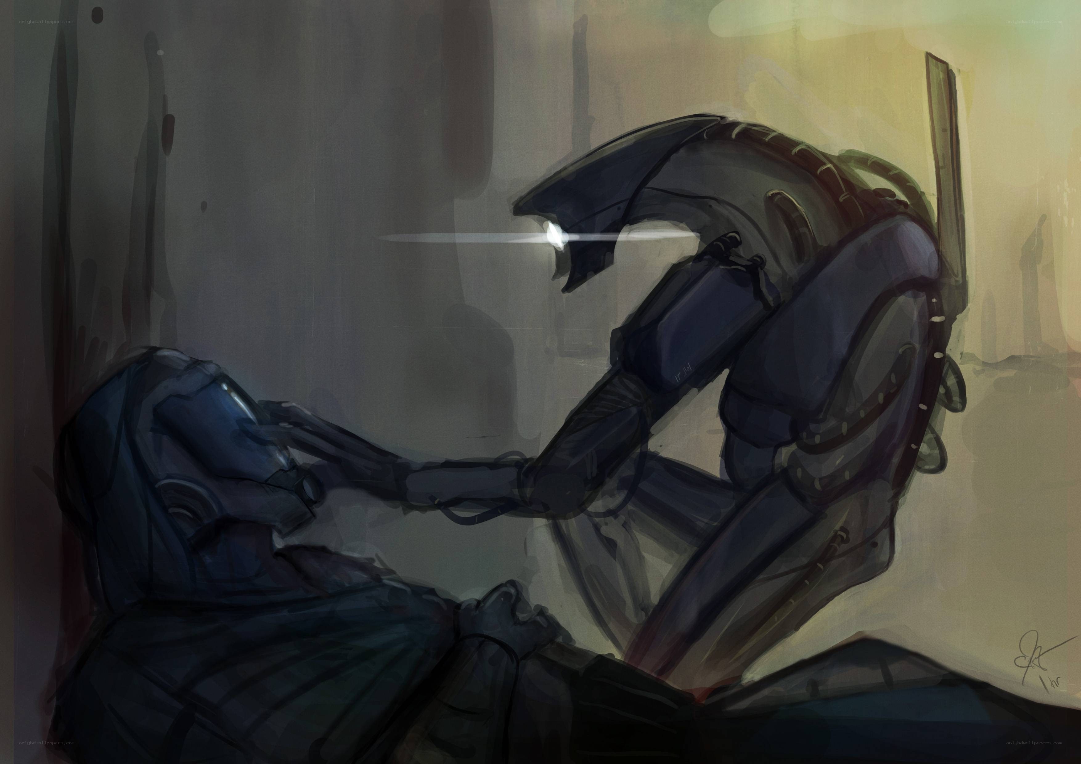 Alien creature tending to a fallen soldier
