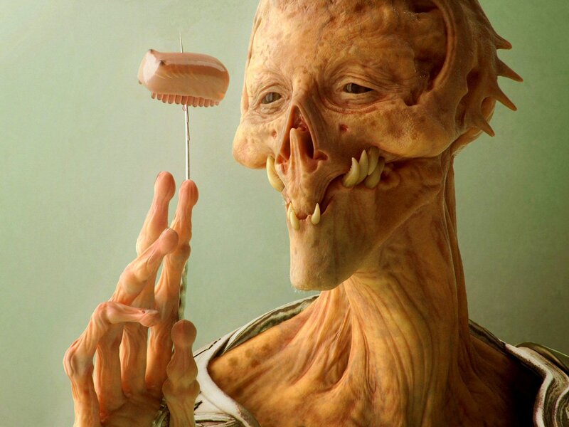 alien creature with sausage on stick