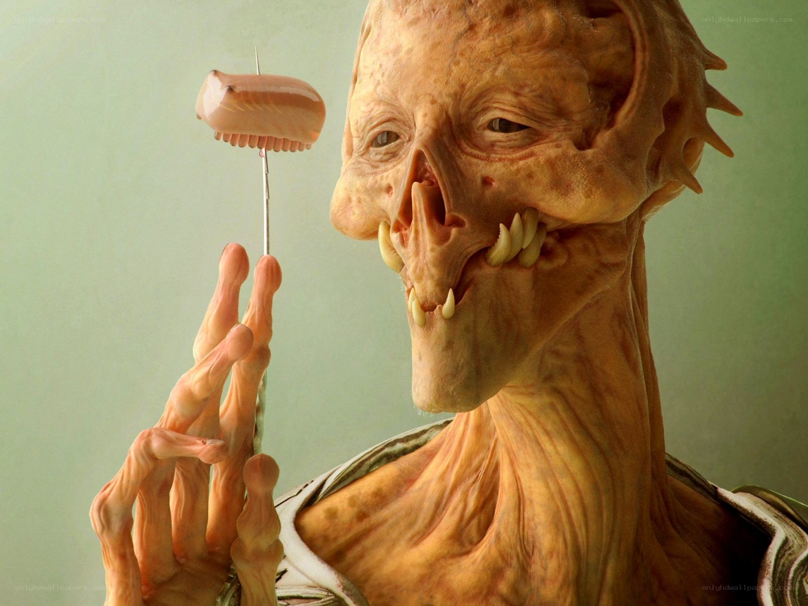 alien creature with sausage on stick
