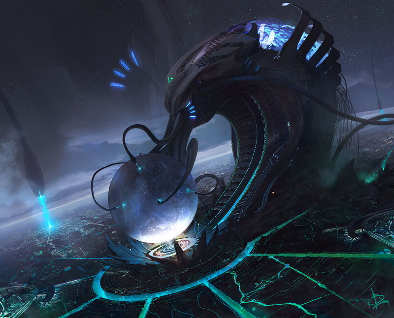 Alien Creature with Sphere — Blue, Dramatic