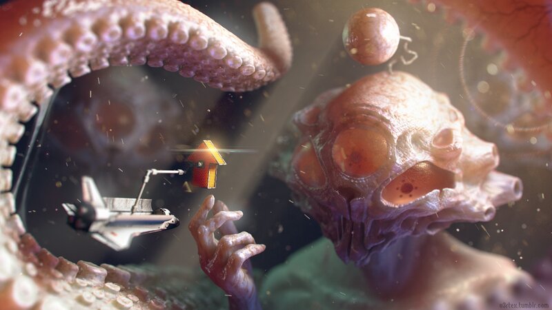Alien Creature with Tentacles — Purple, Dramatic, Digital Art