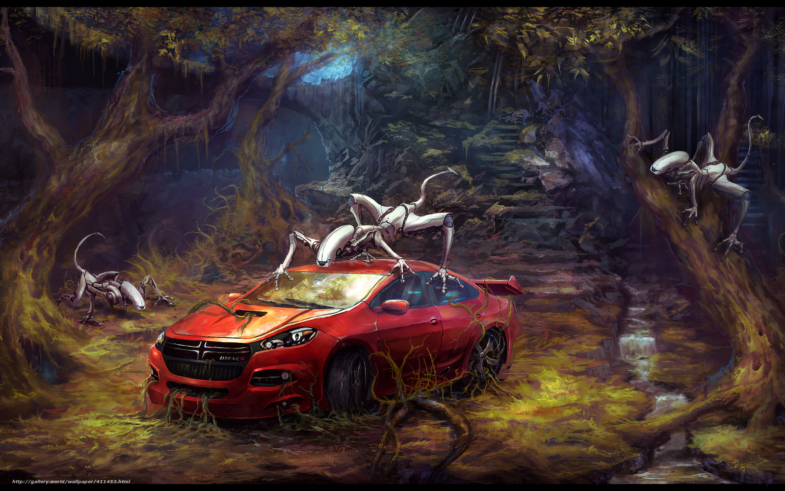 Alien creatures attack red car