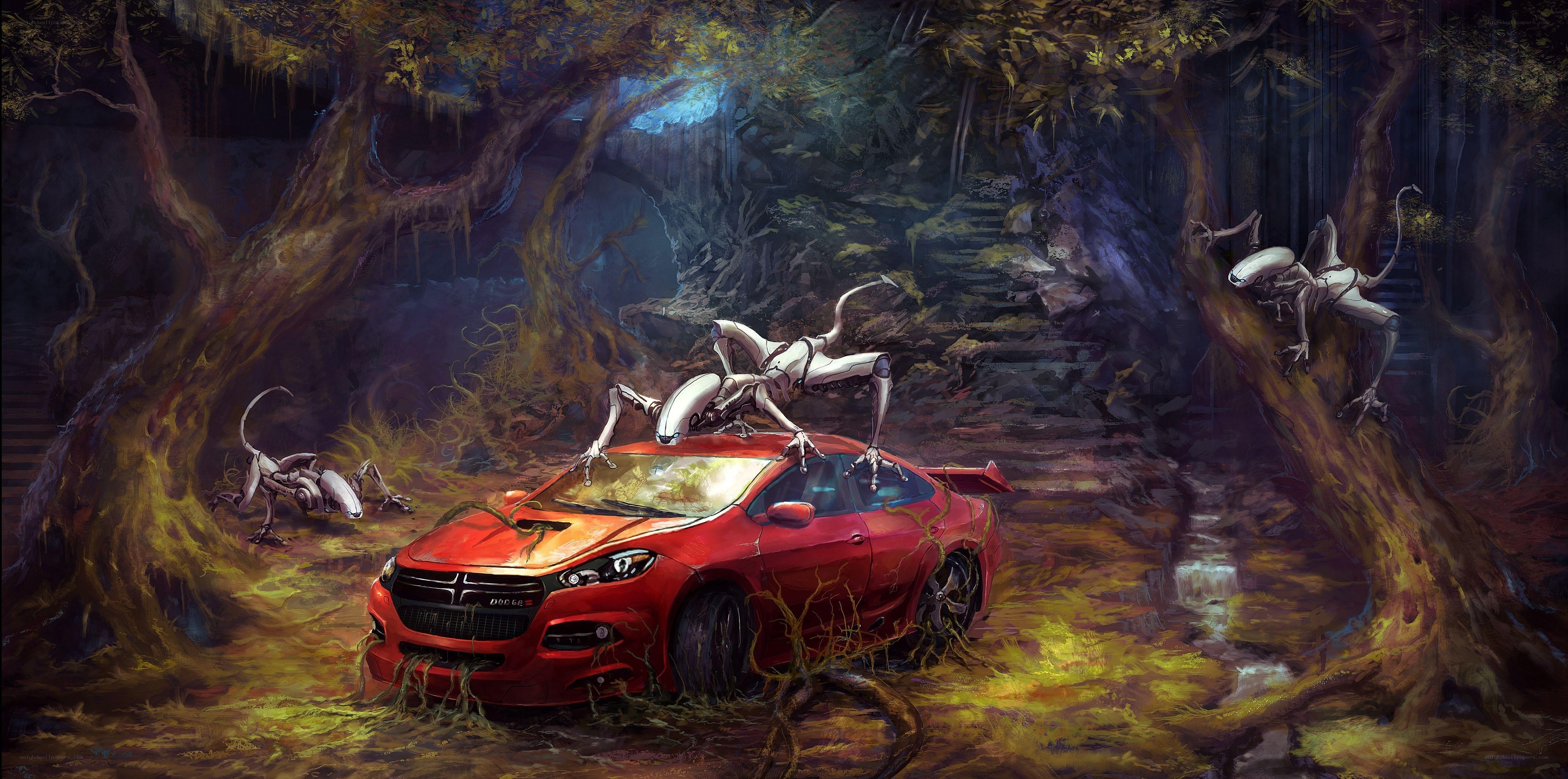 Alien creatures attack red car