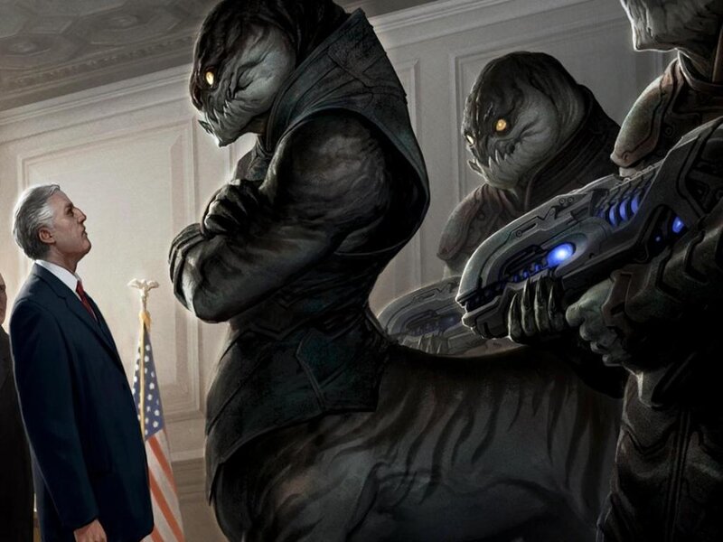 Alien Creatures Confronting Man