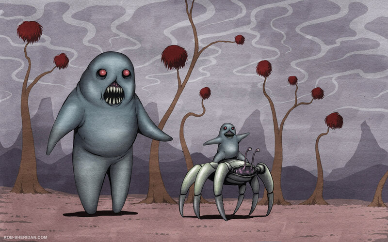 Alien creatures in a barren landscape