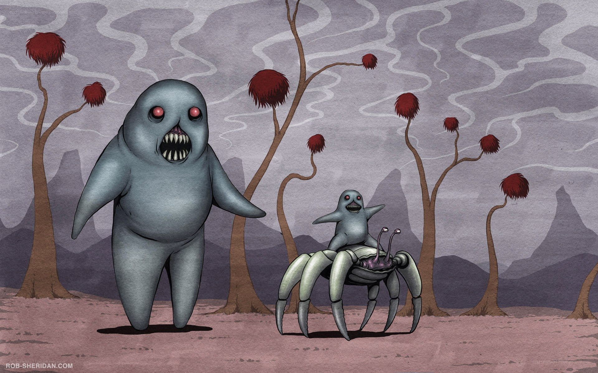 Alien creatures in a barren landscape