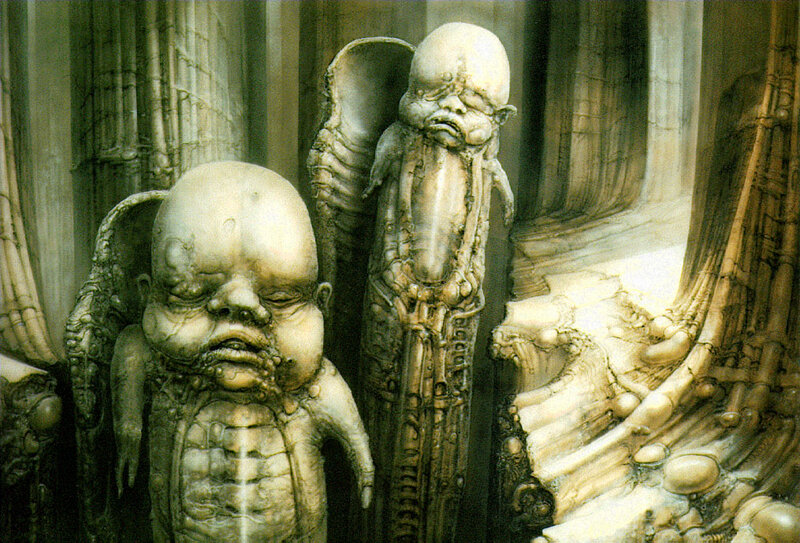 alien creatures in a biomechanical chamber