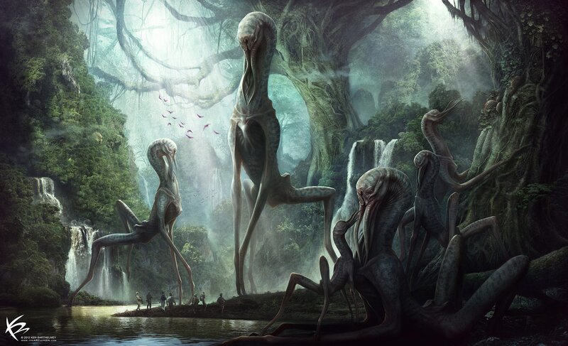 Alien Creatures in Jungle — Green, Mysterious, Digital Art