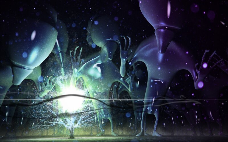 alien creatures surrounding glowing tree