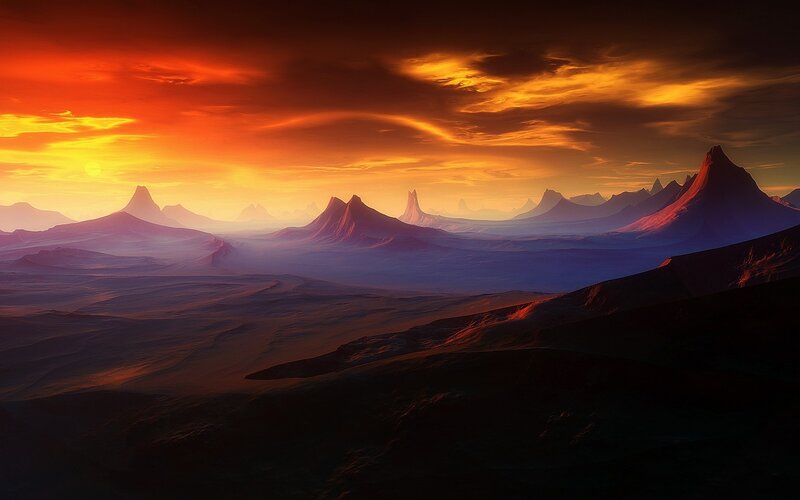 Alien Desert Landscape — Orange, Dramatic, Sunset, Digital Art, Mountains