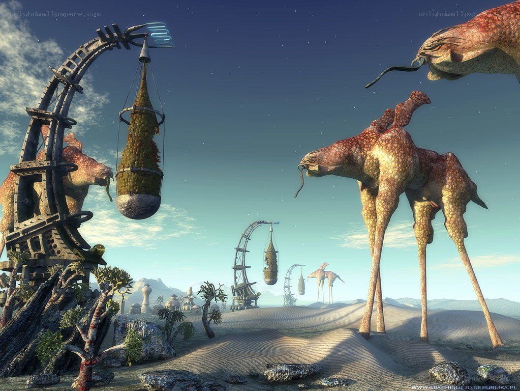 alien desert with mechanical structures
