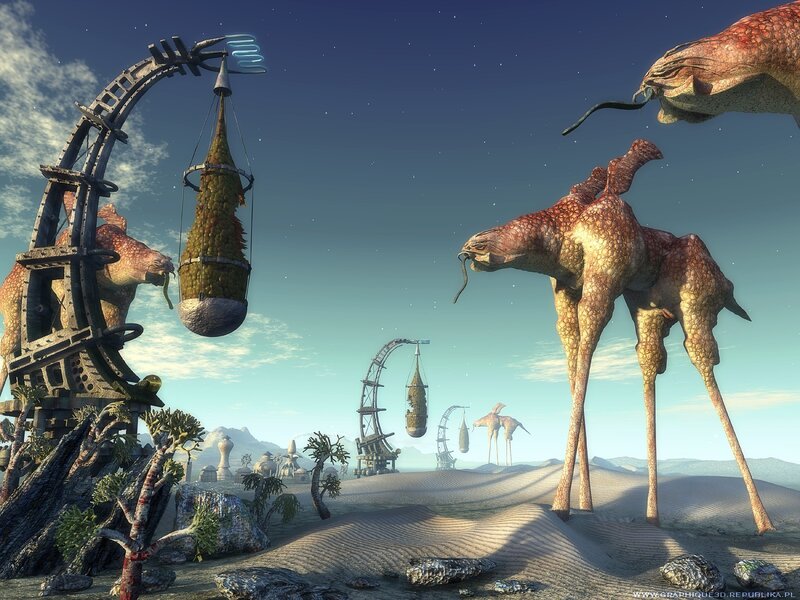 Alien desert with strange creatures