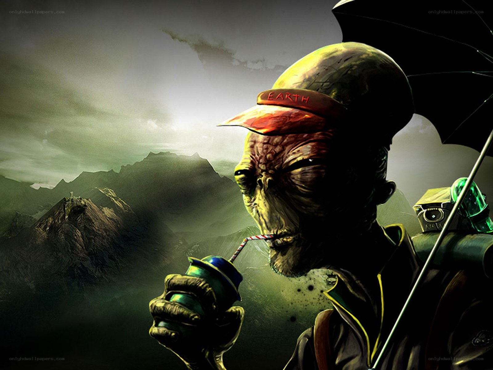 alien drinking in the rain