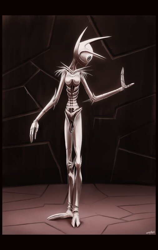 alien figure in dark chamber