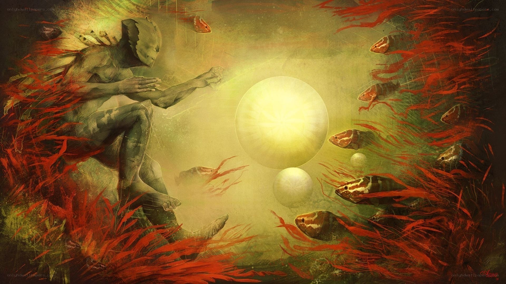 alien figure in red reeds