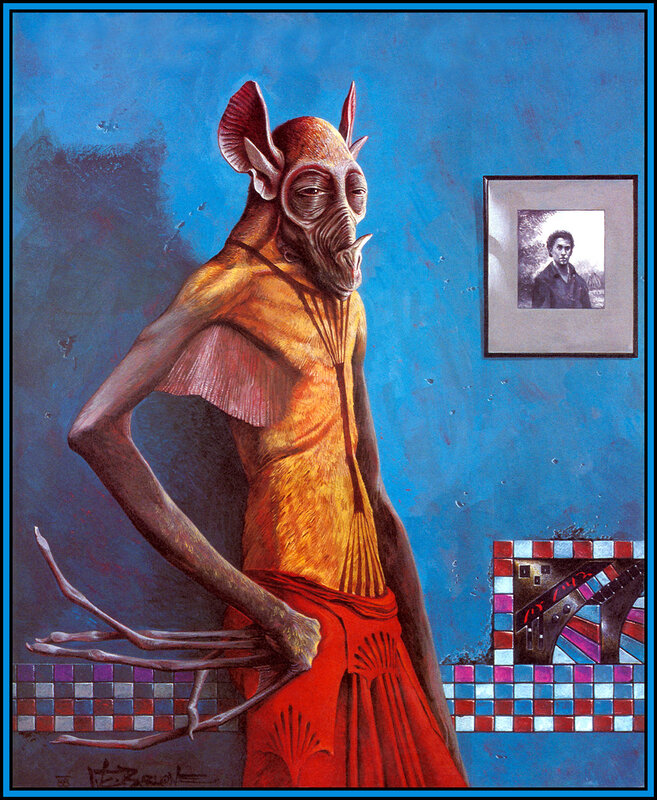 alien figure in red skirt
