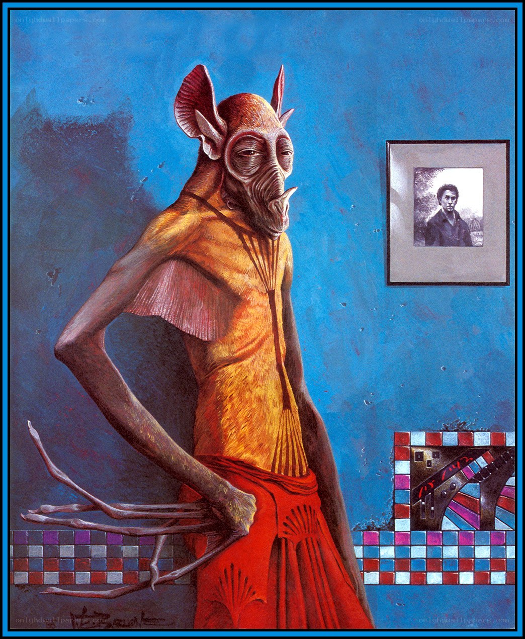 alien figure in red skirt