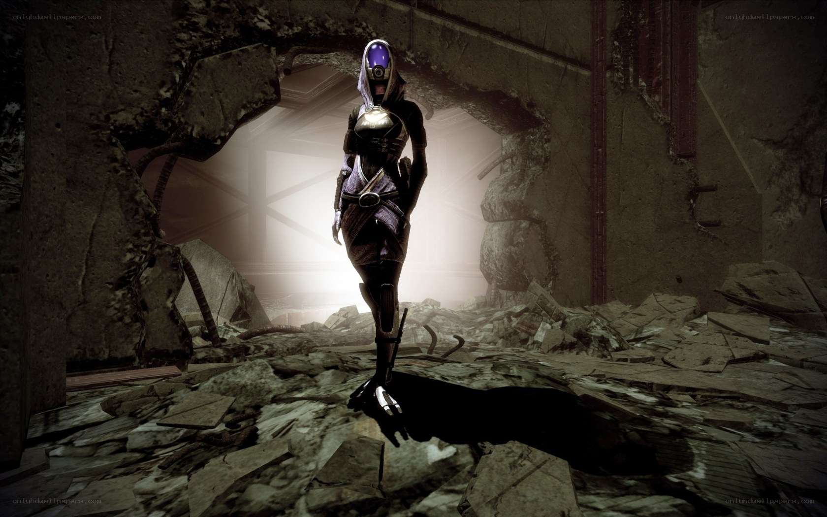 alien figure in ruined corridor