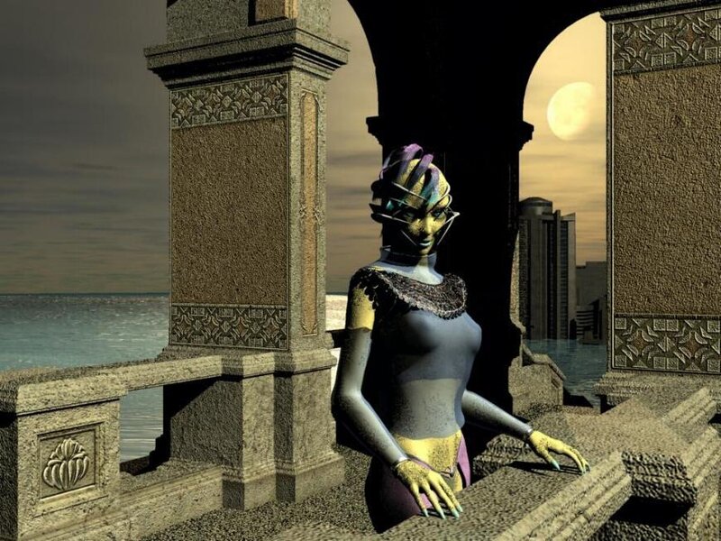 alien figure on a balcony