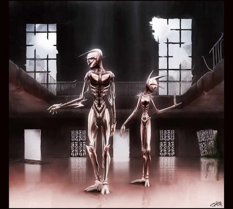 Alien figures in a dark hall