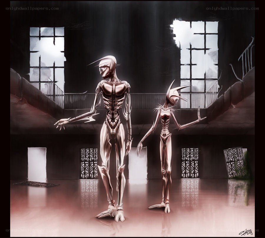 Alien figures in a dark hall