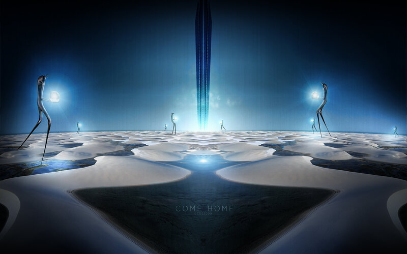 alien figures on alien landscape
