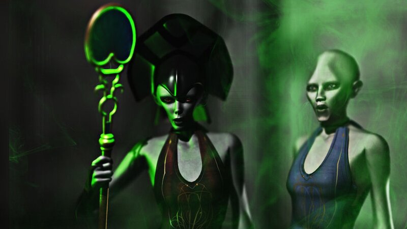 alien figures with glowing staff