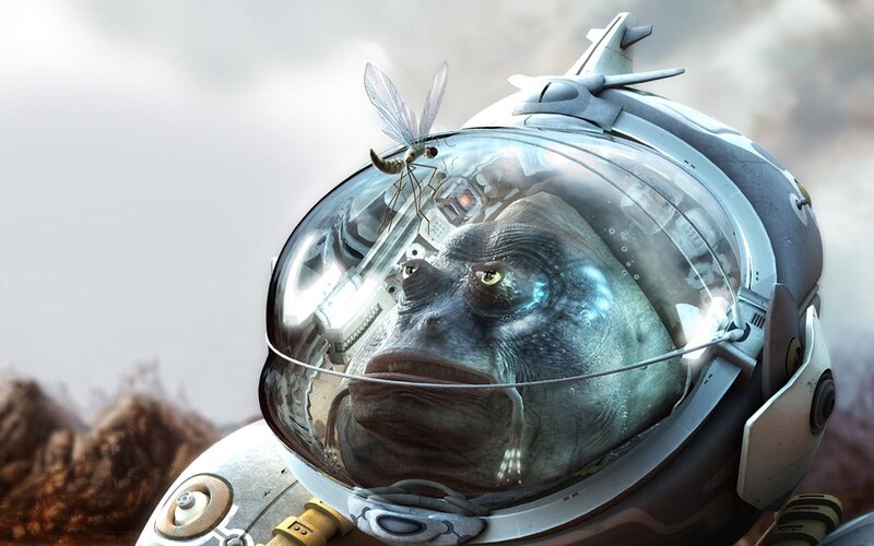 alien fish in space helmet