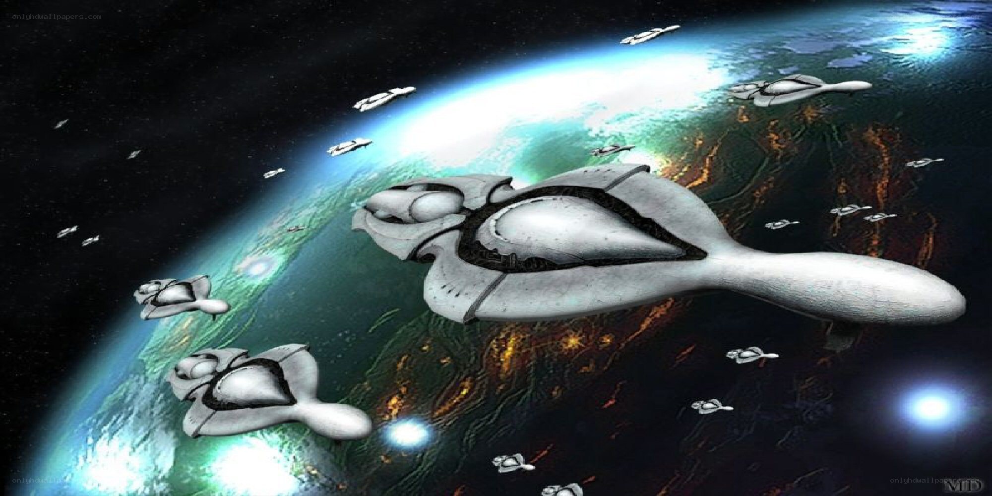 Alien fleet above a planet