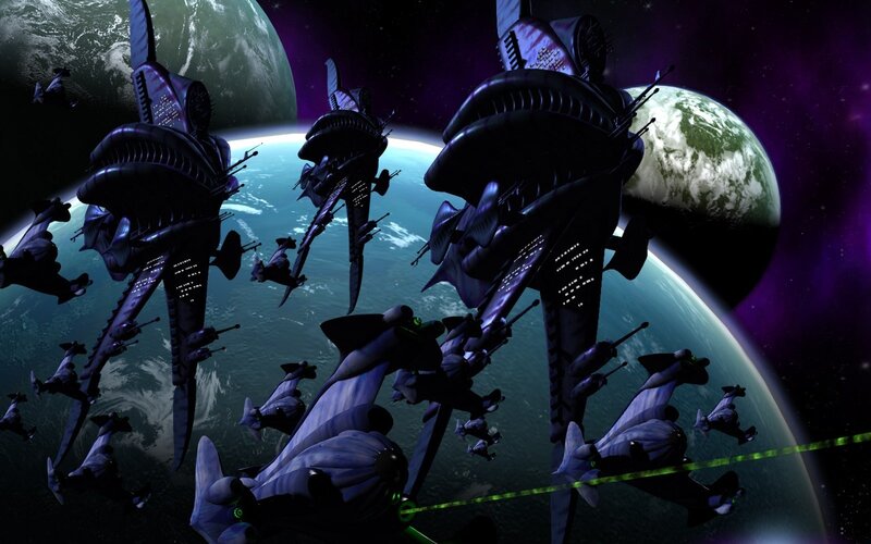 Alien fleet over a planet