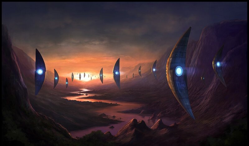 alien fleet over alien landscape