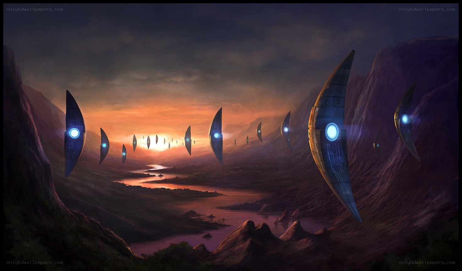 alien fleet over alien landscape